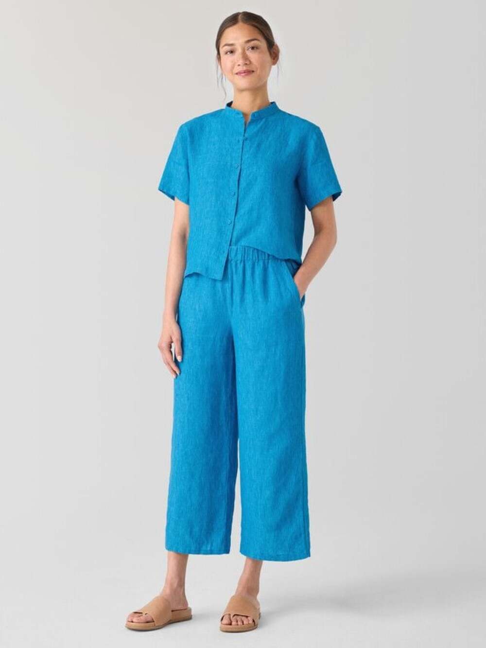 Eileen Fisher Washed Organic Linen Délavé Wide-Leg Pants Sz M